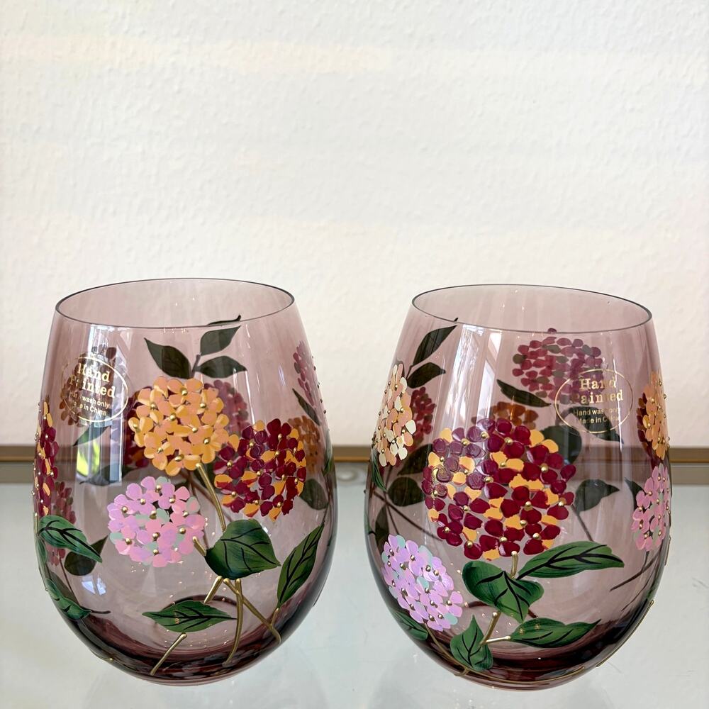 Hand Painted Hydrangea Stemless Wine Glasses Set of 2 Chic Fall Barware NEW